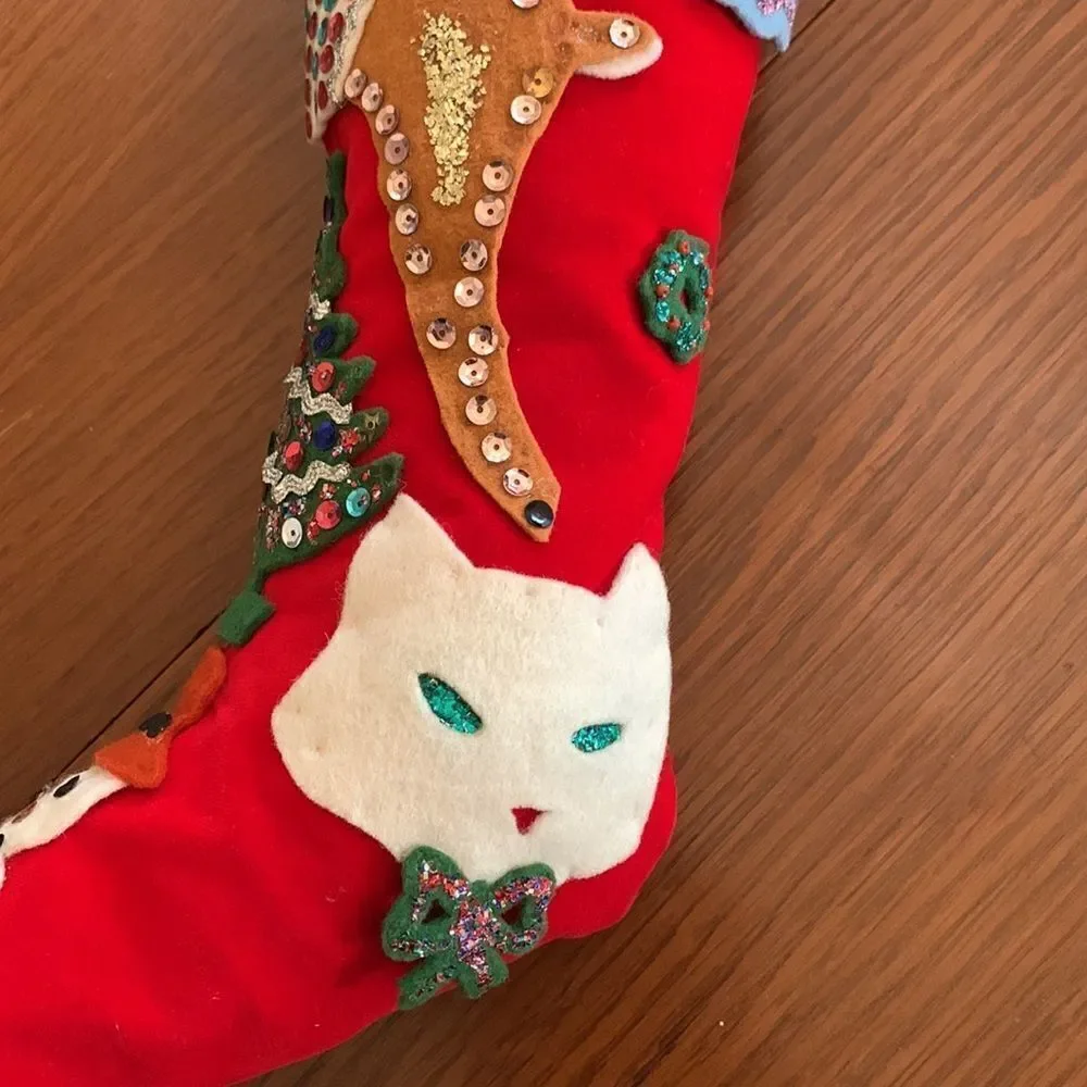 Vtg 60s large red felt hand decorated‎ Christmas stocking